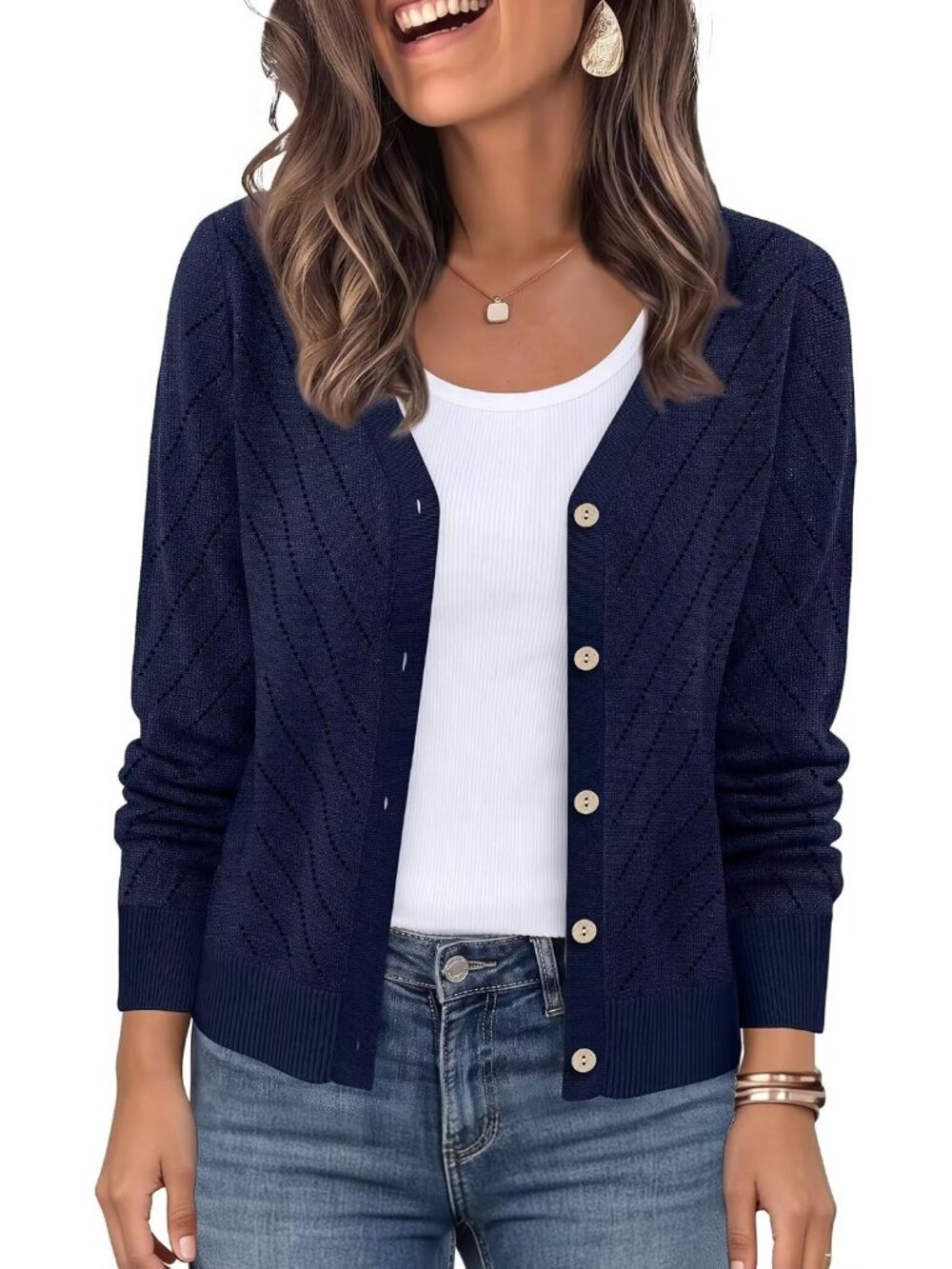 Women's Blue Cardigan V Neck Button Down Long Sleeve Diagonal Knit Sweaters